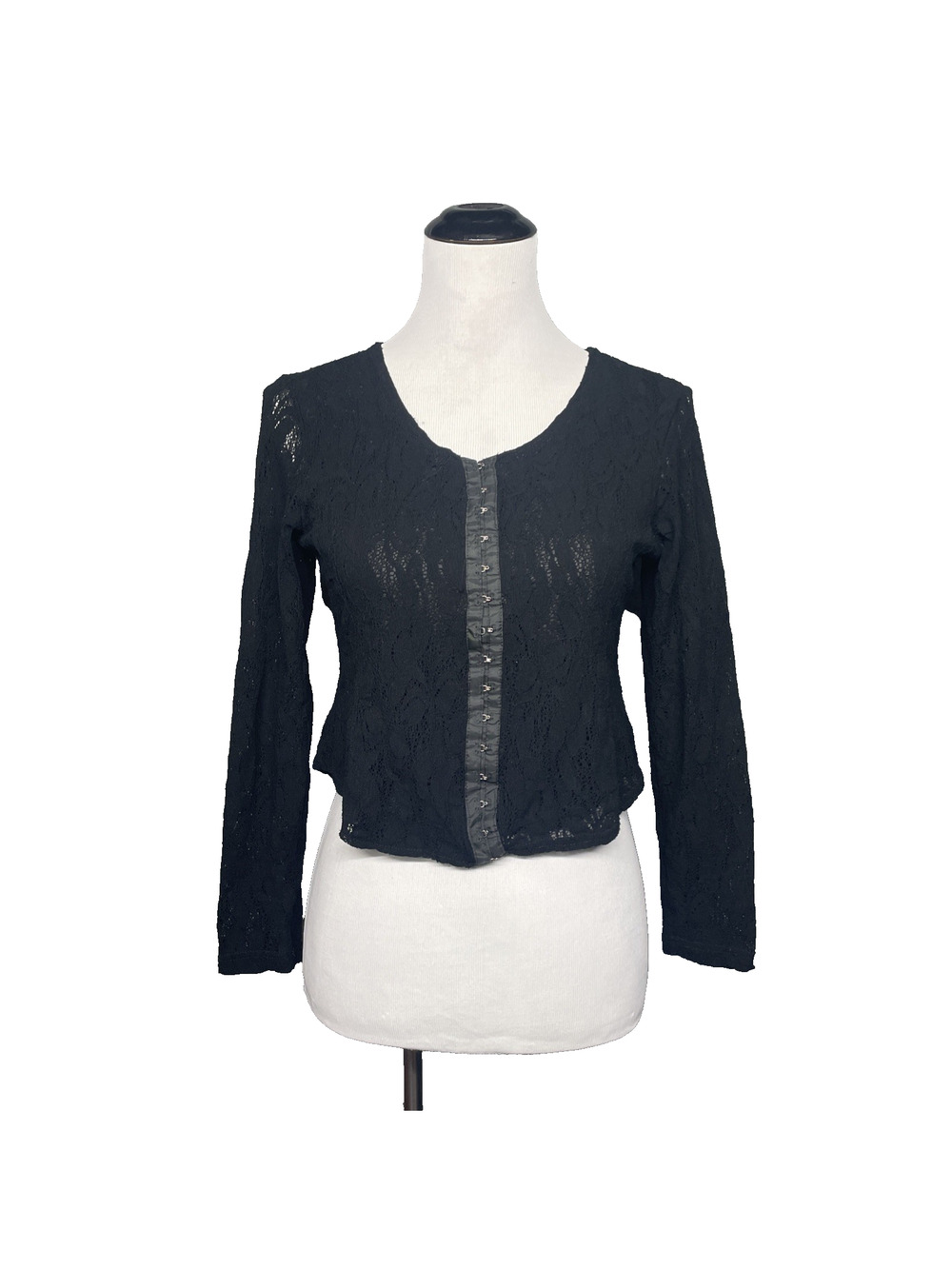 Vtg 90s Anxiety Cafe Black Lace Hook & Eye Crop Top Long Slv Goth Grunge XS READ